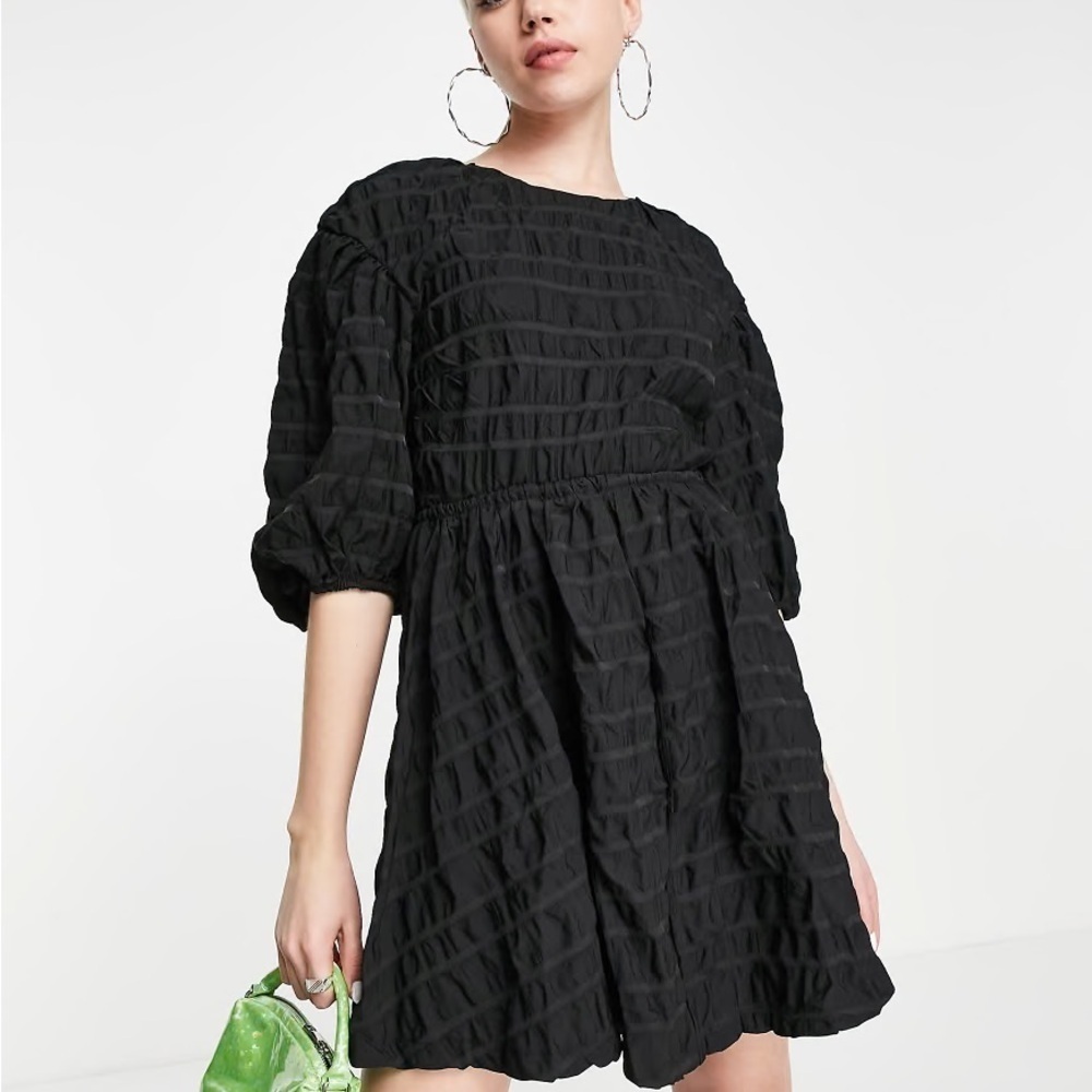 TALULAH Black Smocked Puff Sleeve Mini Dress Size M EUC